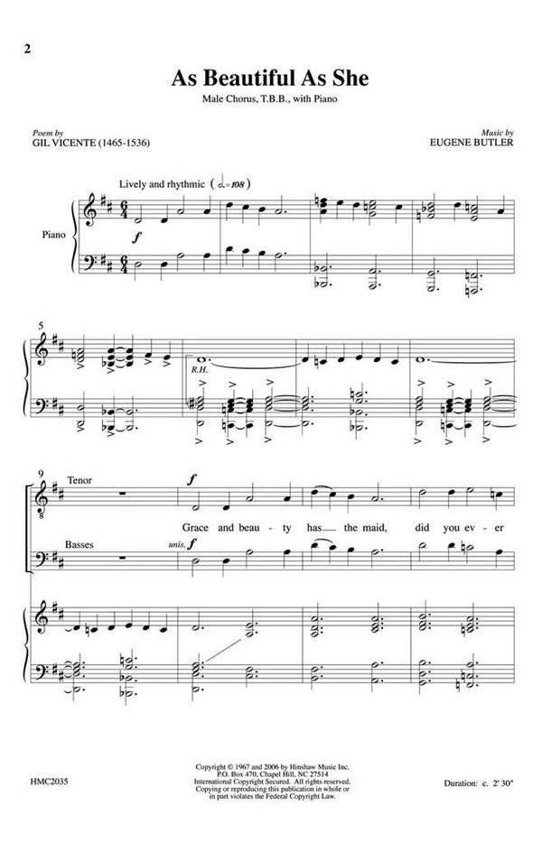 Eugene Butler, As Beautiful As She&nbsp;&nbsp;TBB, Piano&nbsp;&nbsp;Chorpartitur