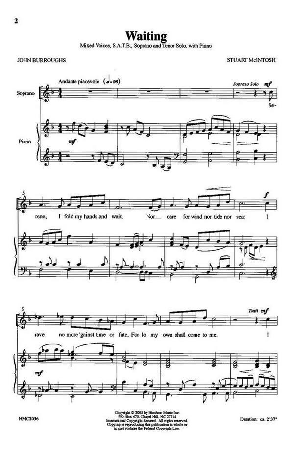 Stuart McIntosh, Waiting&nbsp;&nbsp;SATB with Soprano and Tenor Soloists, Piano&nbsp;&nbsp;Chorpartitur