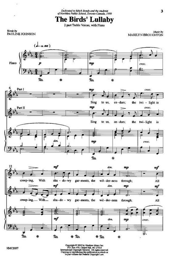 Marilyn Broughton, The Birds' Lullaby&nbsp;&nbsp;2-Part, SA, Piano&nbsp;&nbsp;Chorpartitur