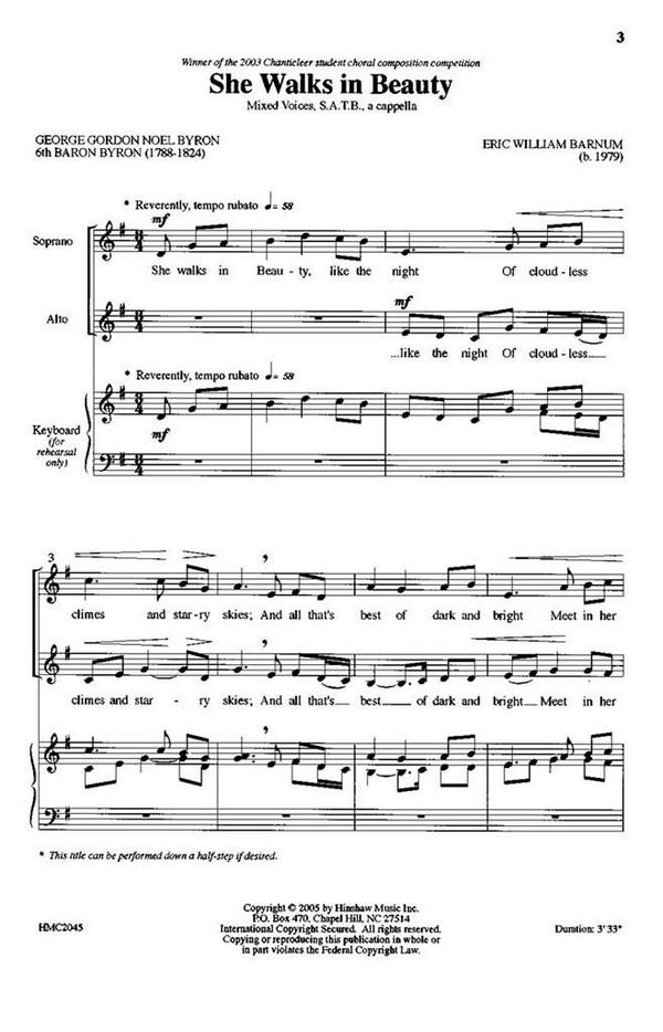 Eric Barnum, She Walks In Beauty&nbsp;&nbsp;SATB a Cappella&nbsp;&nbsp;Chorpartitur
