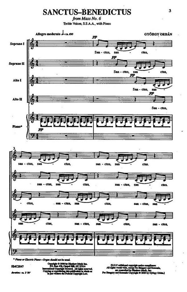 György Orbán, Sanctus-Benedictus (From Mass #6)&nbsp;&nbsp;SSAA, Piano&nbsp;&nbsp;Chorpartitur