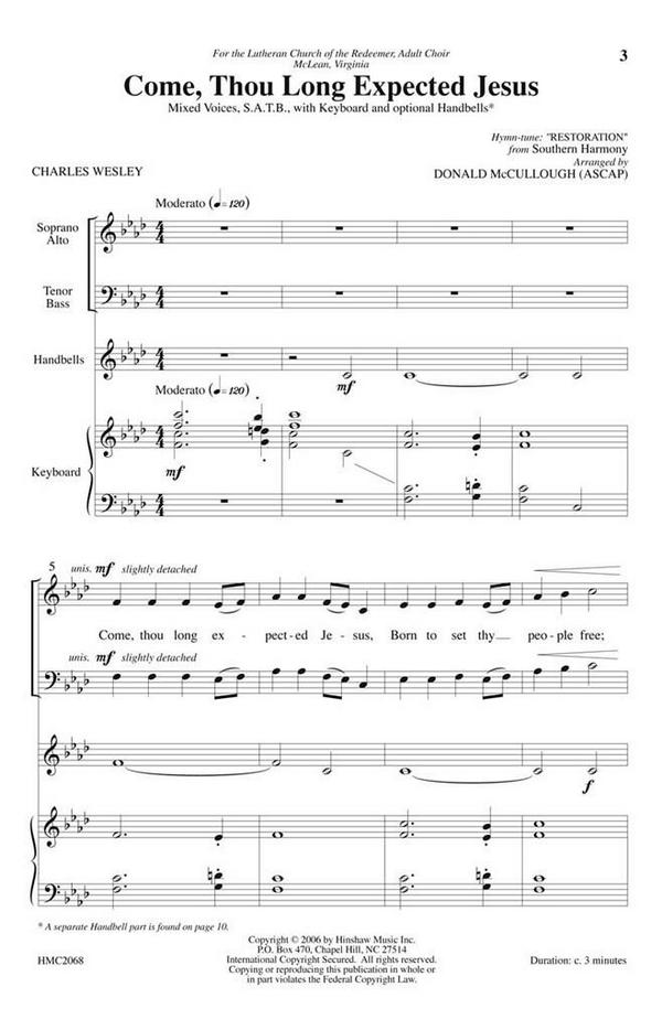 Come, Thou Long Expected Jesus&nbsp;&nbsp;SATB, Keyboard, Optional Handbells&nbsp;&nbsp;Chorpartitur