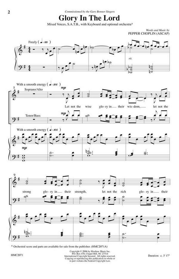 Pepper Choplin, Glory In The Lord&nbsp;&nbsp;SATB Divisi, Keyboard&nbsp;&nbsp;Chorpartitur