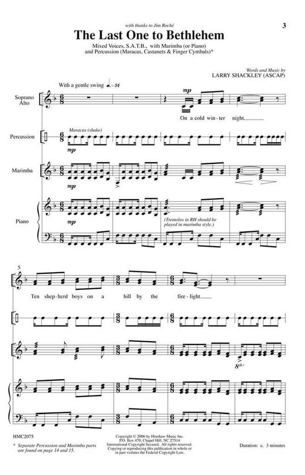 Larry Shackley, The Last One To Bethlehem&nbsp;&nbsp;SATB, Pno Or Marimbaandperc[Castanets, Maracas, Fngr Cymb]&nbsp;&nbsp;Chorpartitur