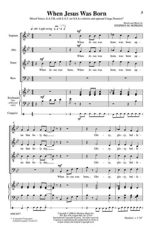 Steve Hopkins, When Jesus Was Born&nbsp;&nbsp;SATB w/SAT or SSA SoloISTS, a Cappella&nbsp;&nbsp;Chorpartitur