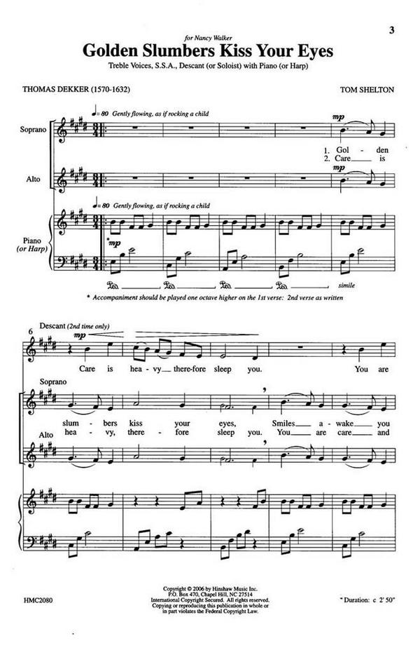 Tom Shelton, Golden Slumbers Kiss Your Eyes&nbsp;&nbsp;SSA, Piano Or Harp&nbsp;&nbsp;Chorpartitur