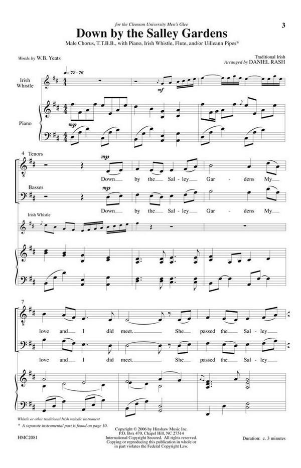 Down By The Salley Gardens&nbsp;&nbsp;TTBB, Piano, Irish Whistle Or Flute and Uilleann Pipes&nbsp;&nbsp;Chorpartitur