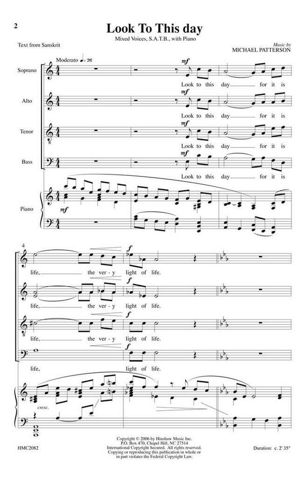 Michael Patterson, Look To This Day&nbsp;&nbsp;SATB, Piano&nbsp;&nbsp;Chorpartitur