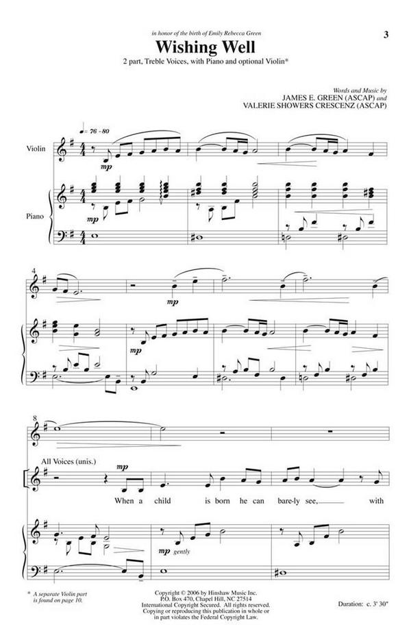James E. Green, Wishing Well&nbsp;&nbsp;2-Part, SA, Piano, and Optional Violin[Or Oboe]&nbsp;&nbsp;Chorpartitur