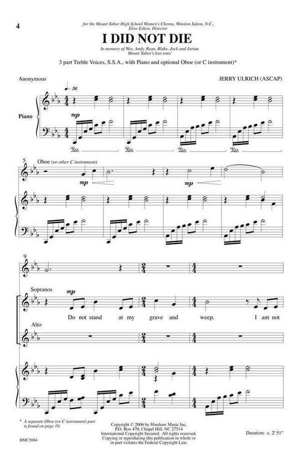 Jerry Ulrich, I Did Not Die&nbsp;&nbsp;SSA, Piano and Oboe&nbsp;&nbsp;Chorpartitur