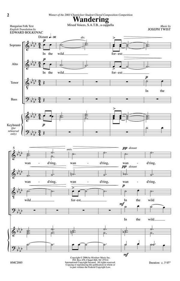 Joseph Twist, Wandering&nbsp;&nbsp;SATB a Cappella&nbsp;&nbsp;Chorpartitur