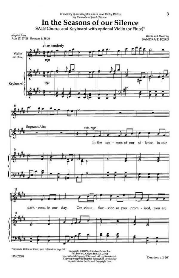 Sandra T. Ford, In The Seasons Of Our Silence&nbsp;&nbsp;SATB, Keyboard, Flute Or Violin&nbsp;&nbsp;Chorpartitur