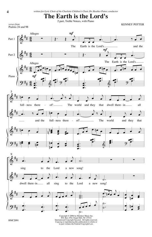 Kenney Potter, The Earth Is The Lord's&nbsp;&nbsp;2-Part, SA, Piano&nbsp;&nbsp;Chorpartitur
