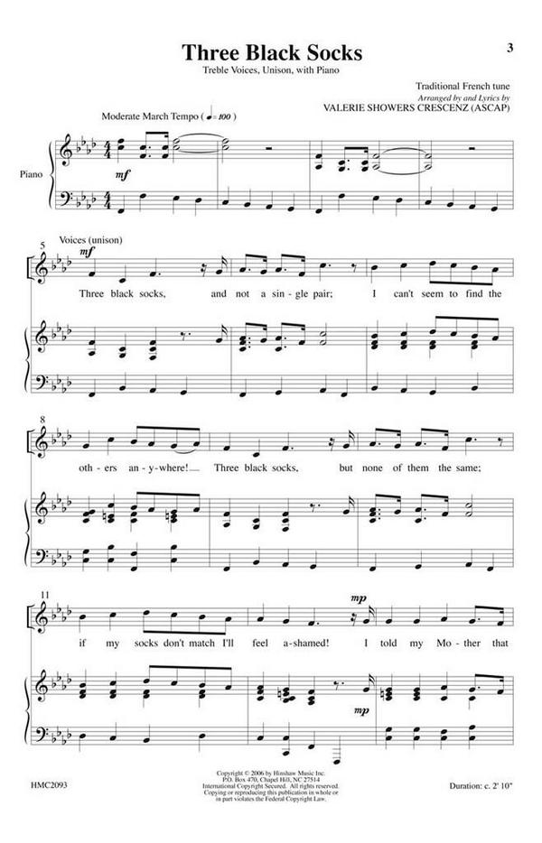 Three Black Socks&nbsp;&nbsp;Unison [Treble Voices], Piano&nbsp;&nbsp;Chorpartitur