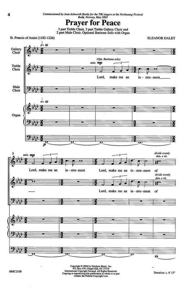 Eleanor Daley, Prayer For Peace&nbsp;&nbsp;2-Part Male Choir and Brass, Organ&nbsp;&nbsp;Chorpartitur