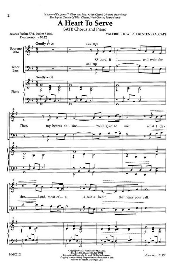 Valerie J. Crescenz, A Heart To Serve&nbsp;&nbsp;SATB, Piano&nbsp;&nbsp;Chorpartitur