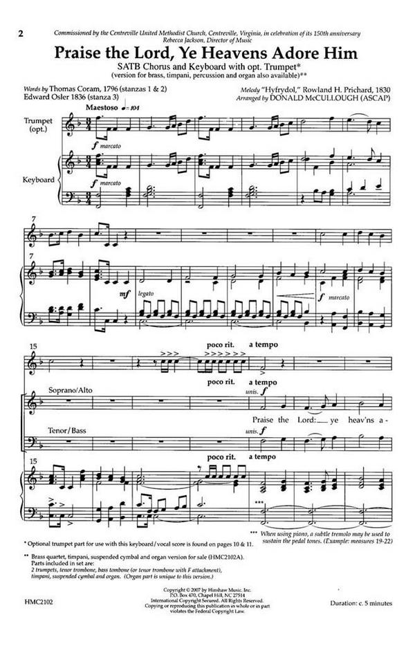 Rowland Hugh Prichard, Praise The Lord, Ye Heavens Adore Him&nbsp;&nbsp;SATB and Organ&nbsp;&nbsp;Chorpartitur