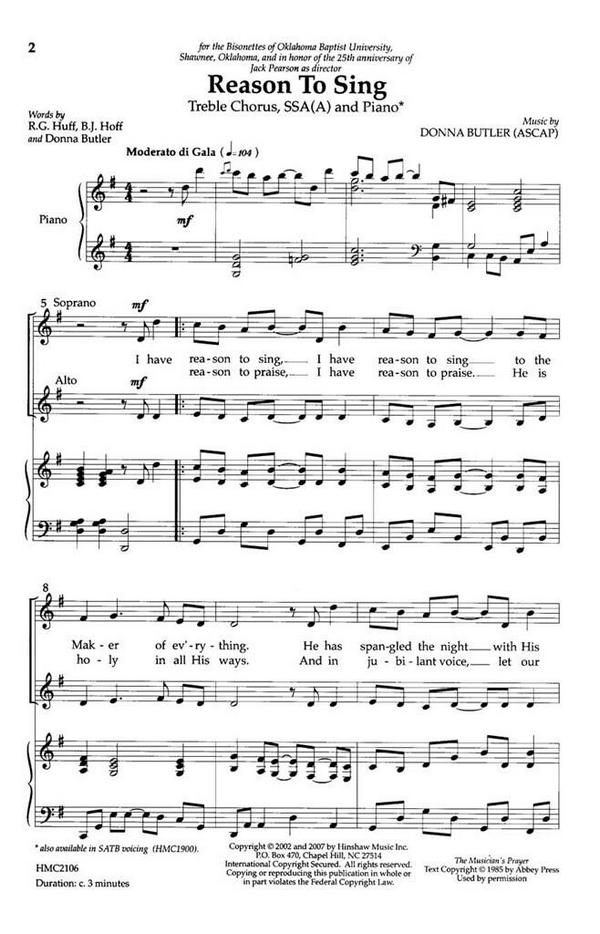 Donna Butler, Reason To Sing&nbsp;&nbsp;SSA[A], Piano&nbsp;&nbsp;Chorpartitur