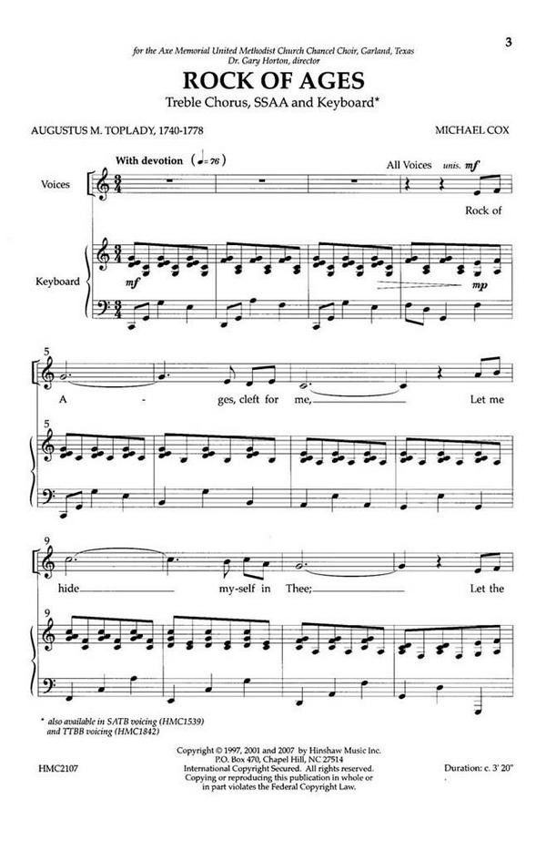 Michael Cox, Rock Of Ages&nbsp;&nbsp;SSAA, Keyboard&nbsp;&nbsp;Chorpartitur