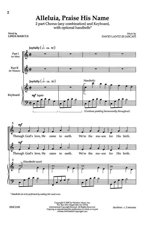 David III Lantz, Alleluia, Praise His Name&nbsp;&nbsp;2-Part, any combination, Piano and Handbells&nbsp;&nbsp;Chorpartitur