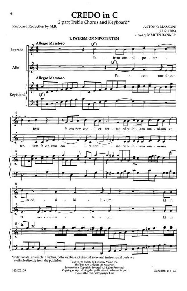 Antonio Mazzoni, Credo In C  2-Part, SA, Keyboard  Chorpartitur