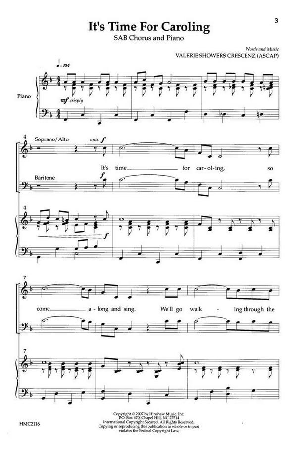 Valerie J. Crescenz, It's Time For Caroling&nbsp;&nbsp;SAB, Piano&nbsp;&nbsp;Chorpartitur