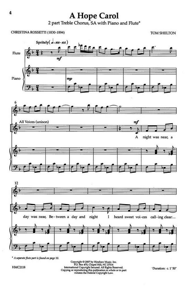 Tom Shelton, A Hope Carol&nbsp;&nbsp;2-Part, SA, Piano and Flute&nbsp;&nbsp;Chorpartitur