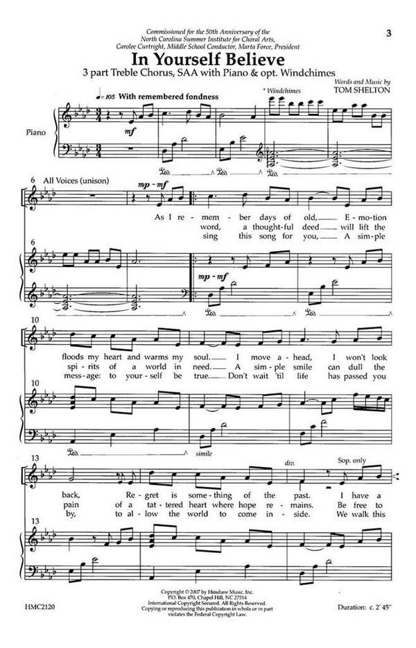 Tom Shelton, In Yourself Believe&nbsp;&nbsp;SSA, Piano&nbsp;&nbsp;Chorpartitur