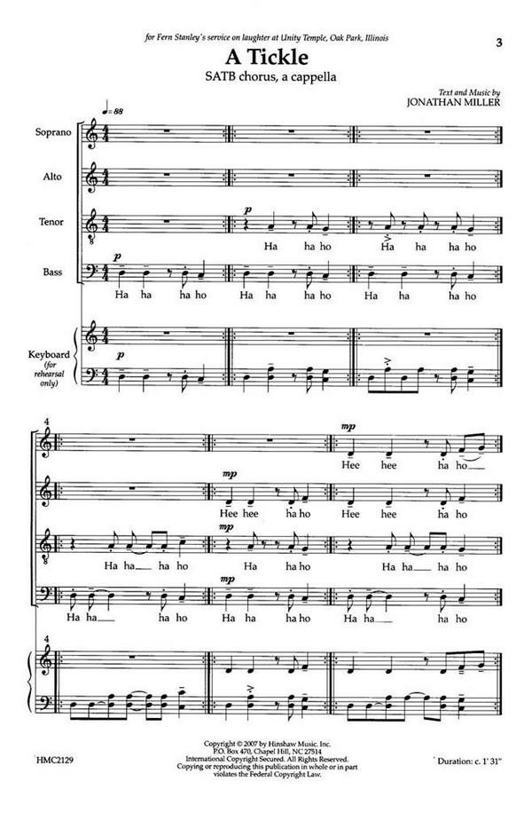 Jonathan Miller, A Tickle&nbsp;&nbsp;SATB a Cappella&nbsp;&nbsp;Chorpartitur