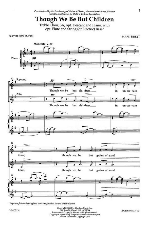Dr. Mark Sirett, Though We Be But Children&nbsp;&nbsp;SA Children's Choir, Opt. descant, Piano, Flute, Bass&nbsp;&nbsp;Chorpartitur