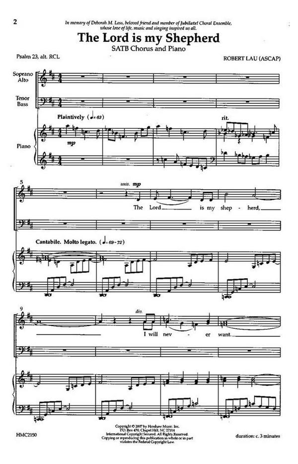 Robert Lau, The Lord Is My Shepherd&nbsp;&nbsp;SATB, Piano&nbsp;&nbsp;Chorpartitur