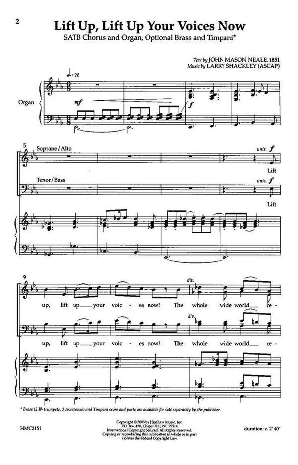 Larry Shackley, Lift Up, Lift Up Your Voices Now&nbsp;&nbsp;SATB and Organ&nbsp;&nbsp;Chorpartitur