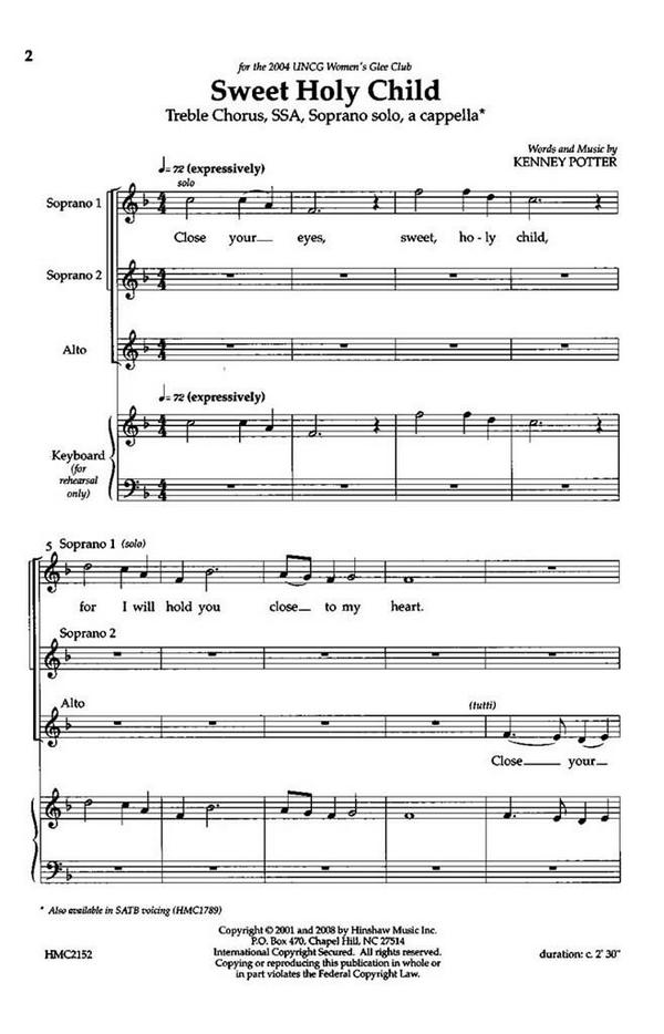 Kenney Potter, Sweet Holy Child&nbsp;&nbsp;SSA and Soprano Solo, a Cappella&nbsp;&nbsp;Chorpartitur