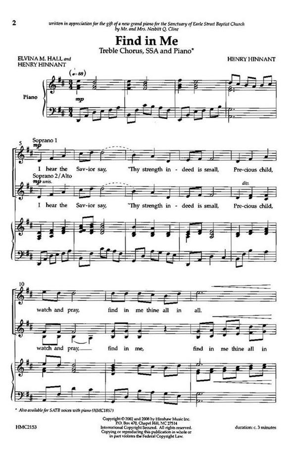 Henry Hinnant, Find In Me&nbsp;&nbsp;SSA, Piano&nbsp;&nbsp;Chorpartitur