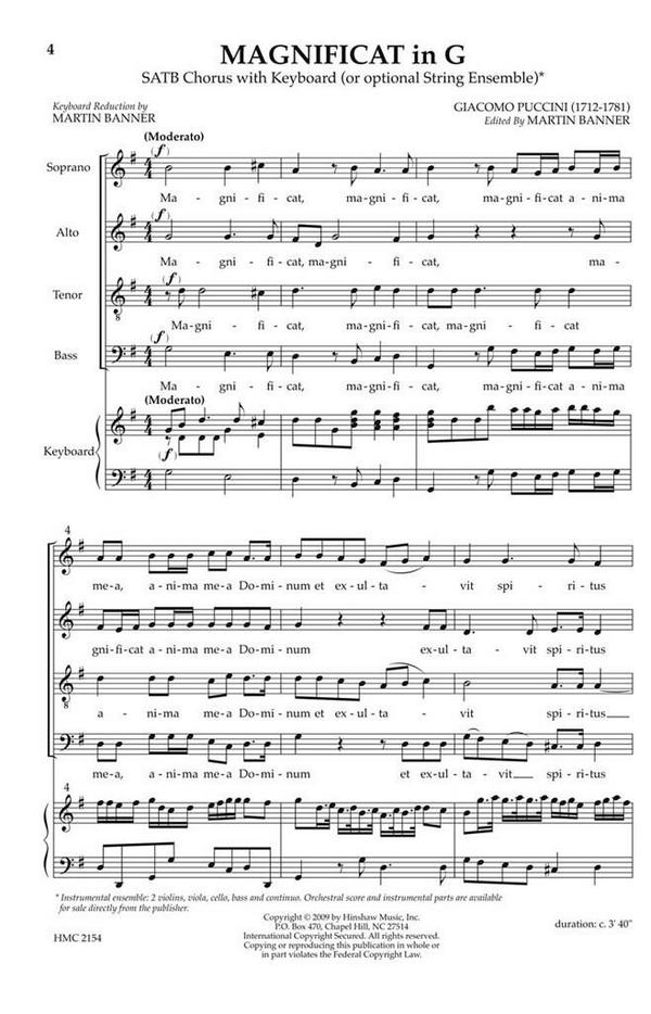 Giacomo Puccini, Magnificat In G&nbsp;&nbsp;SATB and Keyboard&nbsp;&nbsp;Chorpartitur