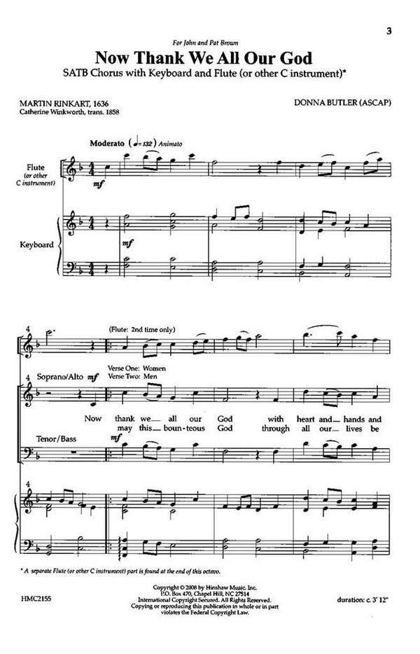 Donna Butler, Now Thank We All Our God&nbsp;&nbsp;SATB, Keyboard and Flute&nbsp;&nbsp;Chorpartitur