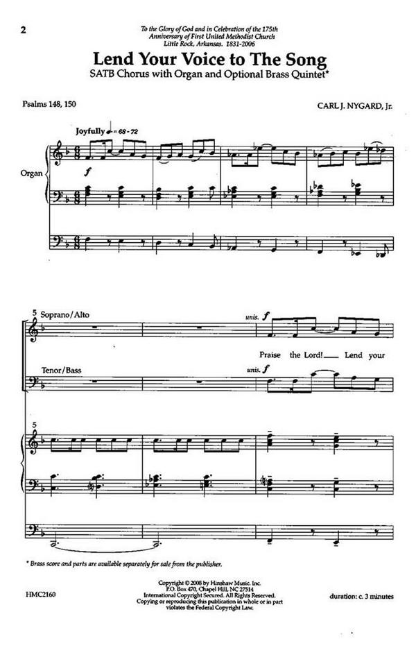 Carl Nygard, Lend Your Voice To The Song&nbsp;&nbsp;SATB and Organ&nbsp;&nbsp;Chorpartitur