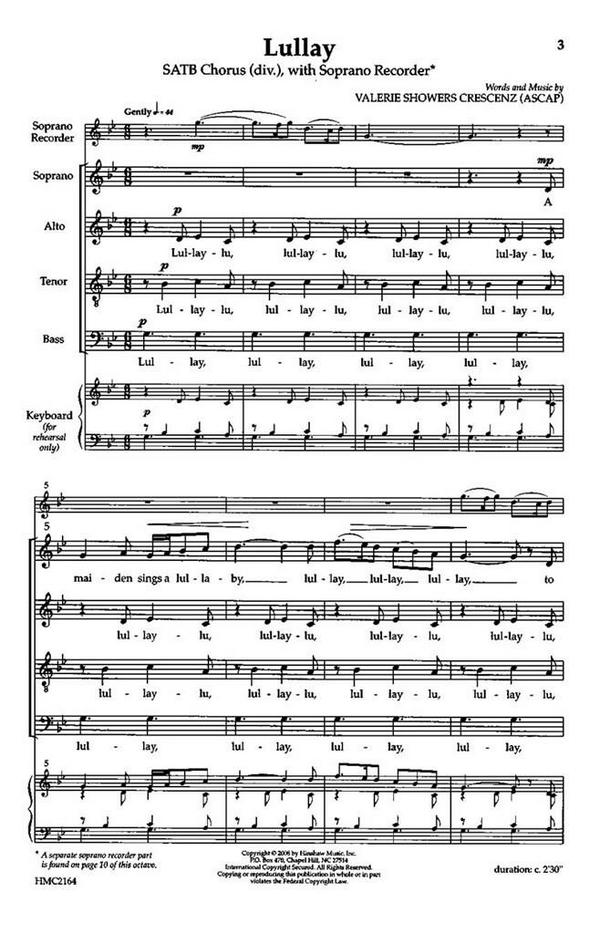 Valerie J. Crescenz, Lullay&nbsp;&nbsp;SATB Divisi, Soprano Recorder&nbsp;&nbsp;Chorpartitur
