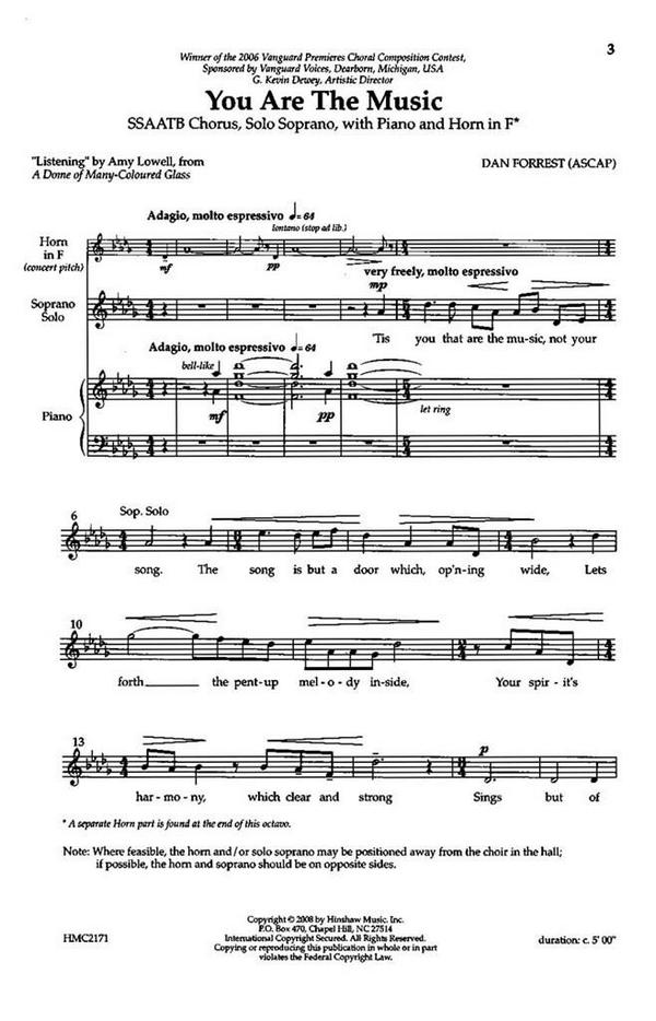 Dan Forrest, You Are The Music&nbsp;&nbsp;SSAATB and Soprano Solo, Piano and F Horn&nbsp;&nbsp;Chorpartitur