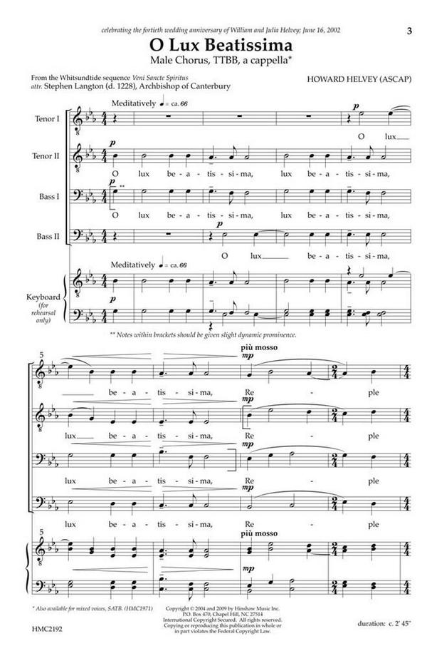 Howard Helvey, O Lux Beatissima&nbsp;&nbsp;TTBB a Cappella&nbsp;&nbsp;Chorpartitur