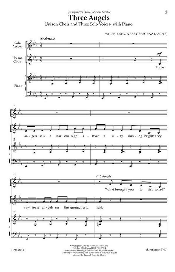 Valerie J. Crescenz, Three Angels&nbsp;&nbsp;Unison with 3 Solo Voices, Piano&nbsp;&nbsp;Chorpartitur