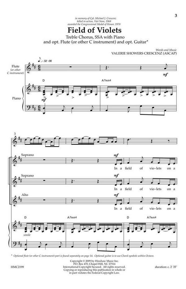 Valerie J. Crescenz, Field Of Violets&nbsp;&nbsp;SSA, Piano and Flute, Opt. Guitar&nbsp;&nbsp;Chorpartitur