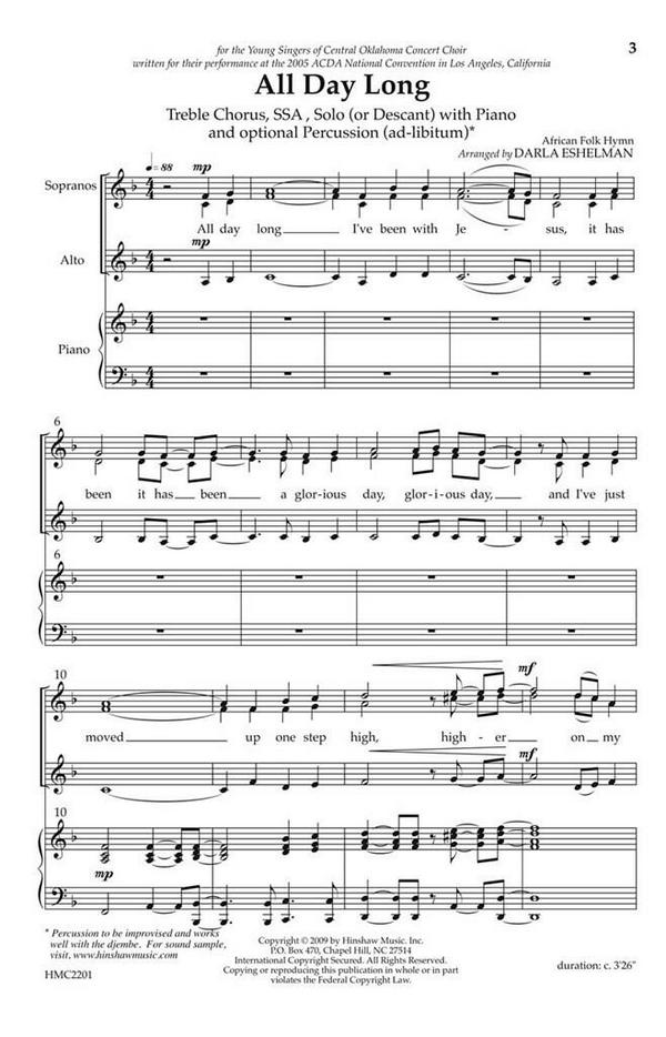 All Day Long  3-Part Choral, Piano and Percussion  Chorpartitur