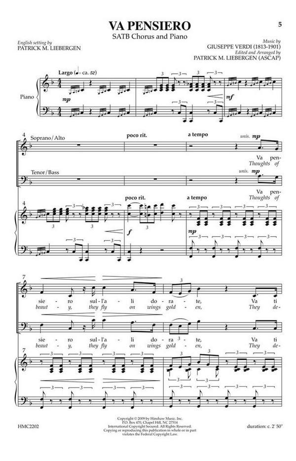 Giuseppe Verdi, Va Pensiero&nbsp;&nbsp;SATB, Piano&nbsp;&nbsp;Chorpartitur