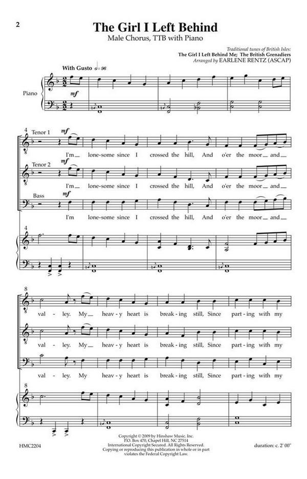 The Girl I Left Behind&nbsp;&nbsp;TTB, Piano&nbsp;&nbsp;Chorpartitur