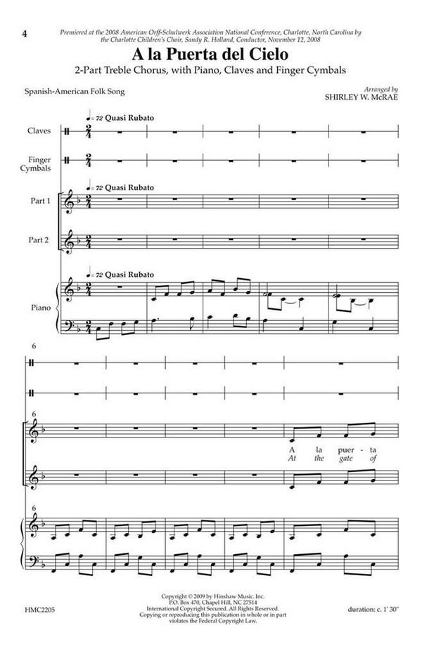 A La Puerto Del Cielo  2-Part, SA, Piano  Chorpartitur