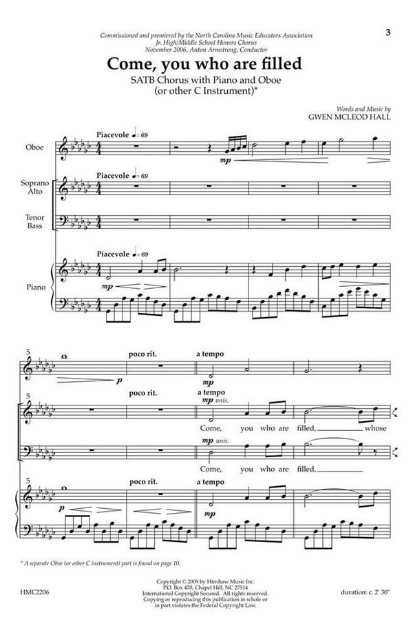 Gwen Mcleod Hall, Come, You Who Are Filled&nbsp;&nbsp;SATB, Piano and Oboe&nbsp;&nbsp;Chorpartitur