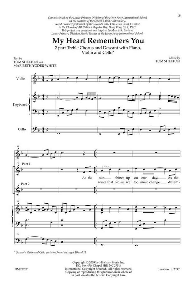 Tom Shelton, My Heart Remembers You&nbsp;&nbsp;TWO-Part, descant, Keyboard, Violin and Cello&nbsp;&nbsp;Chorpartitur