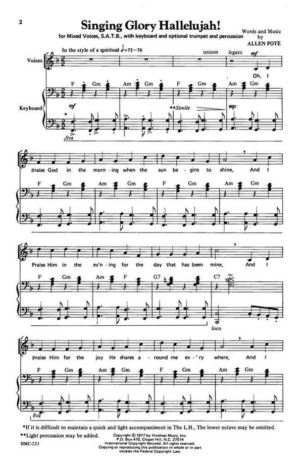 Allen Pote, Singing Glory Hallelujah  SATB, Keyboard, Optional Trumpet, Percussion  Chorpartitur