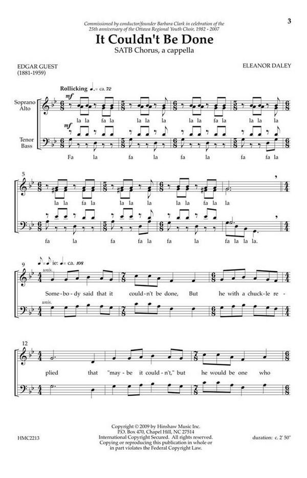 Eleanor Daley, It Couldn't Be Done&nbsp;&nbsp;SATB Divisi a Cappella&nbsp;&nbsp;Chorpartitur